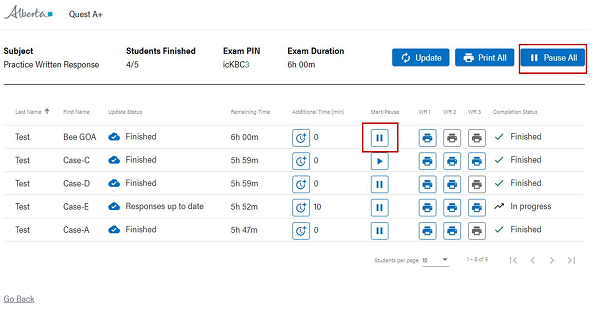 Screenshot of the Test Dashboard, highlighting the Pause All button