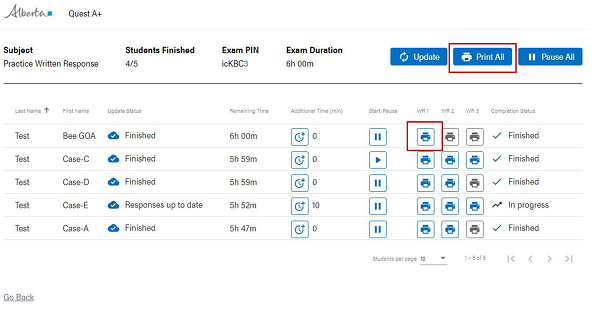 Screenshot of the Test Dashboard, highlighting the print buttons